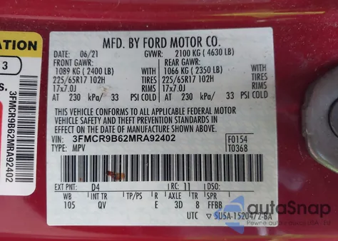 2021 Ford Bronco Sport Big Bend из США, поврежденный, VIN 3FMCR9B62MRA92402